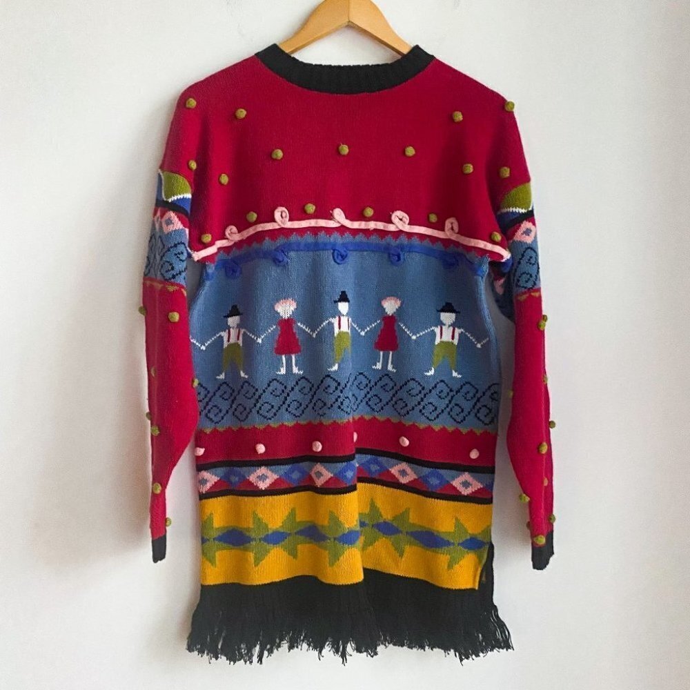Vintage Almost Heaven Novelty Print Colourful Fringe Trim Unique Pullover M - Picture 2 of 5